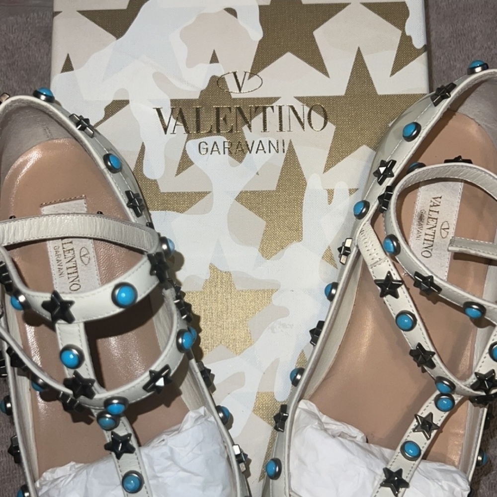 Valentino White Patent Leather Star Rolling Rockstud Cage Flats Size 38 - Picture 10 of 10